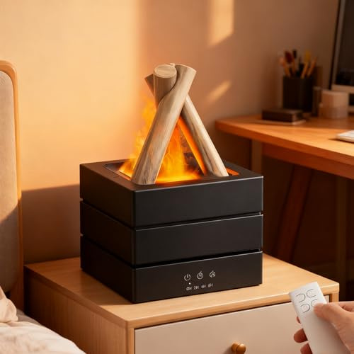 Neulriscn Bonfire Humidifier, Flame Essential Oil Diffuser, 280ml Flame Diffusers for Home, 7 Colorful LED Aroma Diffuser with Remote Control for Bedroom, Office, Waterless Auto-Off and Timer (Black)