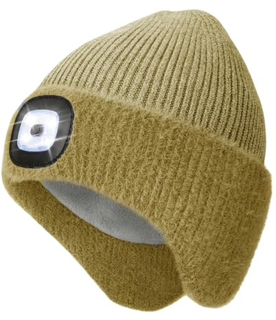 Danolt LED Strickwaren Mütze mit Licht Kinder und Junge, Wiederaufladbare Kindermütze mit Fleecefutterund Ohrenklappen
