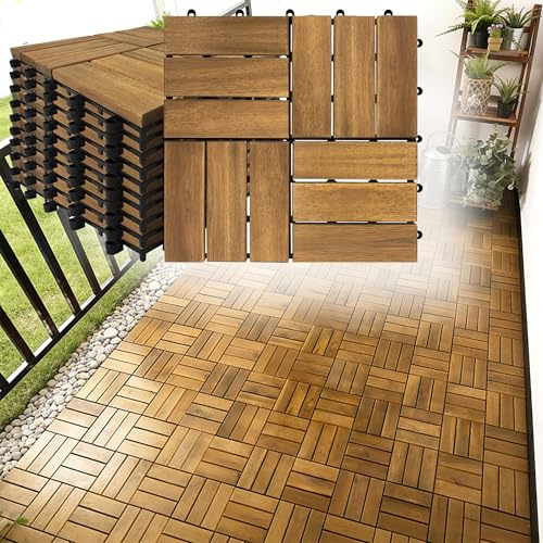 Suusolny 11er Pack / 1m² Holzfliesen Balkonfliesen aus Holz Balkonboden wetterfest 30x30cm aus Akazienholz Holzboden Klickfliesen Terrassenfliesen mit Drainage Gartenfliesen Zuschneidbar - Model B
