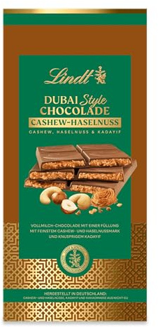 Lindt Schokolade | DUBAI STYLE Cashew-Haselnuss, 150g Tafel, Geschenk | Vollmilch Schokolade, Cashew-Haselnusscreme & knuspriger Kadayif, zum Teilen & Verschenken, orientalische Spezialität