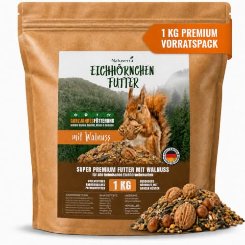 Natuverra Nourriture pour écureuils et tamias - 1 kg - Pour écureuils et tamias - Nourriture toute l'année - Avec noix dans une coquille