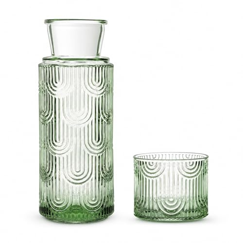 Nachttisch Wasserkaraffe Set 640ml mit Trinkglas (180ml), Glaskaraffe mit Glasdeckel, Karaffe Set für Gästezimmer, Schlafzimmer & Wohnzimmer，Wasserkrug für Wasser, Milch, Saft, Eistee, Kaffee(Grün)