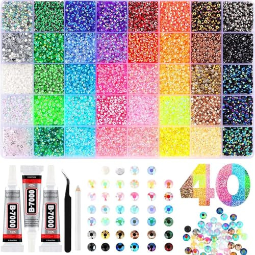 Générique Lot de 32 000 Strass en résine pour travaux manuels, 3 mm Strass à Dos Plat, 40 Couleurs, kit éblouissant avec 3 pièces de Colle pour vêtements, Chaussures, Livres et Diamants