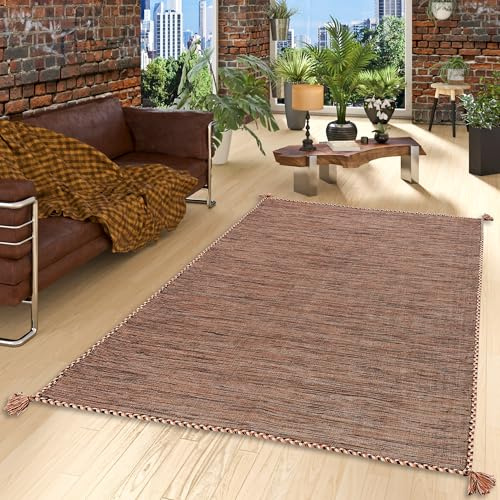 Navarro Natur Teppich Bauwolle Kelim Prico Beige Braun in 8 Größen