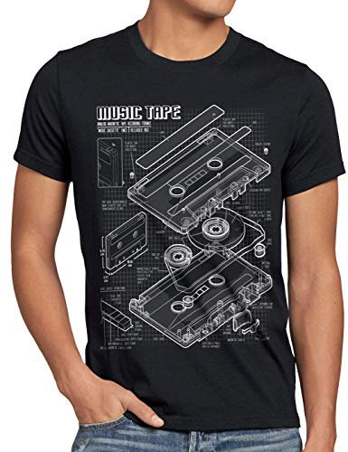 style3 Tape Blaupause Herren T-Shirt dj musikkassette Turntable Retro, Größe:L, Farbe:Schwarz