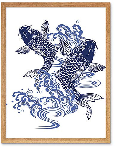 Wee Blue Coo Japanese Koi Carp Illustration Art Print Framed Poster Wall Decor Kunstdruck Poster Wand-Dekor-12X16 Zoll