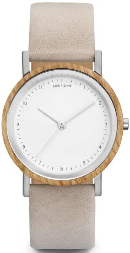 TAKE A Shot Holzuhr - Kleine Holz Armbanduhr für Damen mit grauem Lederarmband, Analoge Quarz Damenuhr mit Gehäuse aus Holz, Durchmesser 30 mm - LIV Smoke