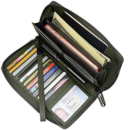 Rfid Blocking Purses for Women Real Leather Zip Around Large Travel Mobile Phone Ladies Long Money Purses Wallet, 18 Card Slots (Olive Green)