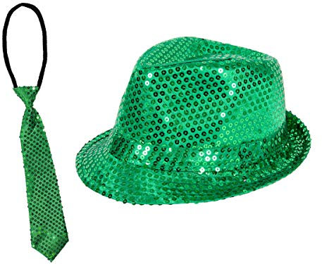 Alsino Glitzerhut mit Party Krawatte in Grün Karneval Party Set Pailletten Trilby Hut Fasching
