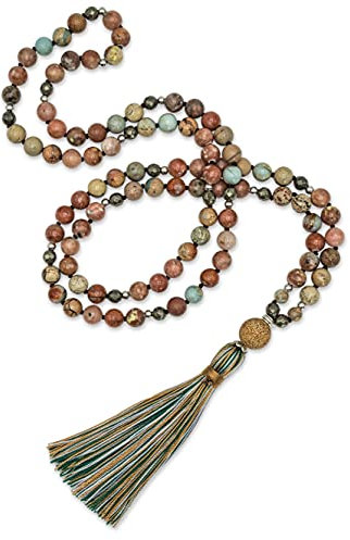 BENAVA Mala Kette aus 108 Perlen Bunt Jaspis Pyrit Stein | Yoga Kette mit Quaste und Achat Anhänger | 100 cm