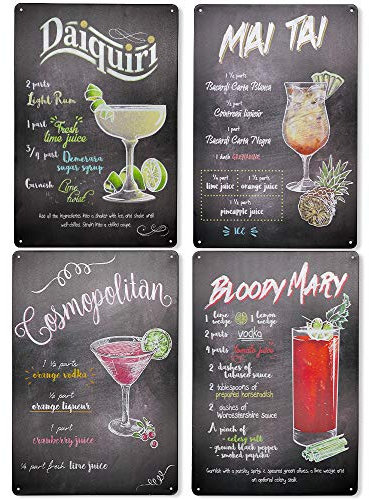 4 Piezas Vintage de Recetas de Cóctel Póster de Pared, Chapas Metalicas Vintage, Placa Chapa Cartel Decorativo de Metal para Decoración de Club de Cerveza Bar Pub Cafetería Baño Inicio- 20 x 30 cm