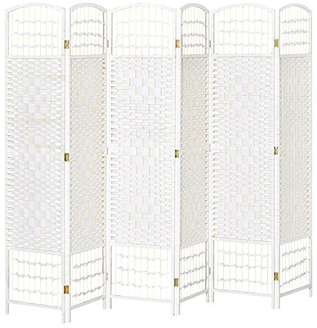 HOMCOM Paravent intérieur 6 Panneaux Pliables 242L x 170H cm séparateur de pièce Bois de peuplier Bambou Fibres de Papier tressée Blanc Paille