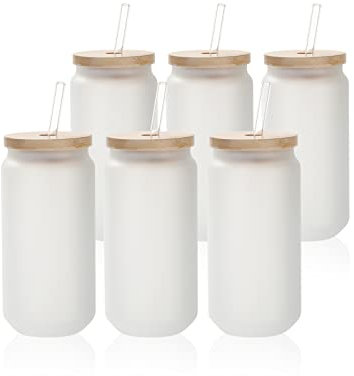 PYD Life Sublimation Glass Cans Blanks Frosted 18 OZ with Bamboo Lid and Clear Glass Straw Beer Cans Wide Mouth Jar Tumbler Cups Mugs for Iced Coffee,Juice,Soda,Drinks,Beer 6 Pack
