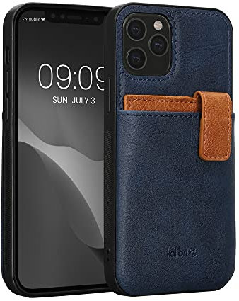 kalibri Hard Case Compatible with Apple iPhone 12 / iPhone 12 Pro - Case with Card Slots PU Leather Design with TPU Bumper- Dark Blue/Brown
