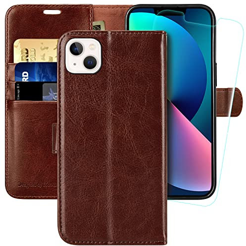 MONASAY Wallet Case for iPhone 14 5G,[Glass Screen Protector Included] [RFID Blocking] Flip Folio Leather Cell Phone Cover with Credit Card Holder，6.1-inch,Brown