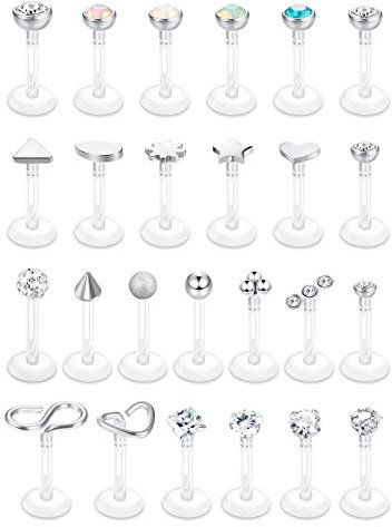Kakonia 25stk Lippenpiercing Tragus Piercing Ohr Forward Helix Ohrstecker Labret Piercing lippe Chirurgenstahl & Acryl Medusa Piercing Ashley Piercing Schmuck 16G