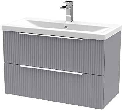 Hudson Reed DFF295A Fluted Modern Bathroom Wall Hung 2 Drawer Vanity Basin Unit with Mid-Edge Ceramic Basin, 800mm, Satin Grey