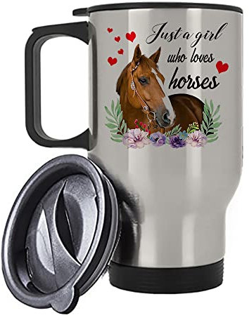 Horse Mug, Horse Lover Gifts for Girls, Horse Gifts, Just a Girl who Loves Horses, Horse Riding Gifts, Birthday, Christmas, Travel Silver White Tea Coffee Mug. (Silver)