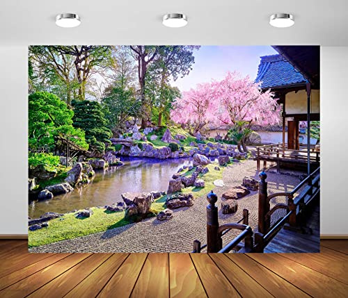 BELECO 2.1x1.5m Toile de Fond en Tissu pour Jardin Japonais, Fleurs de Cerisier en Fleurs, Arbres Sakura, Jardin, Cour, rivière, Paysage de Printemps, décorations de fête japonaises, Studio Photo