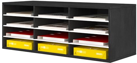 Senhoglb Wood Paper Storage Organizer for Desk, 12 Compartments Wooden File Sorter with Adjustable Shelves, Mail Sorter Organizer Countertop for Office, Home, Classroom，Black and White