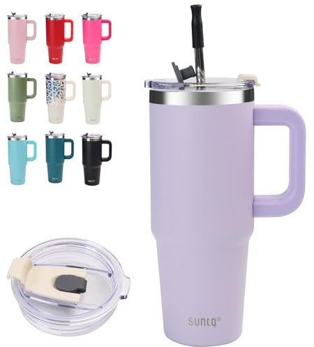 30oz Tumbler with Handle, Double Wall Vacuum Insulated Water Bottle with Straw and Lid, Stainless Steel Travel Coffee Mug, Reusable Thermal Cup for Beverages, Fit in Cup Holder(Purple)