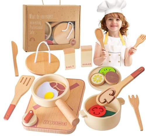 Smartwo Accessoire Cuisine Enfant Bois, Jouet de Casseroles et Poêles Dinette en Bois, avec Vaisselle et Aliments, Kit Cuisine Enfant Bois, Jeu de Rôle Bebe, Cadeau pour Garçon Fille 3 4 5 6 Ans
