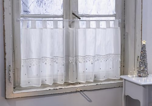 Dekoleidenschaft Fenstervorhang Kleine Sterne 140x50 cm, weiß transparent, Spitze, grau Bestickt, Scheibengardine mit Schlaufen, Bistrogardine, Fenstergardine, Küchengardine, Kurzstore, Halbgardine