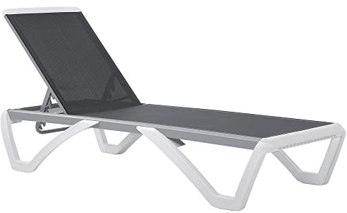 Outsunny Lettino Prendisole con Schienale Reclinabile su 5 Livelli e Rotelle Posteriori, Lettino da Giardino in Alluminio, Plastica e Textilene, 195x67.5x33 cm, Grigio e Bianco