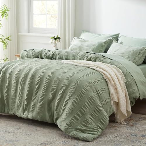 Sedefen Housse de Couette Seersucker 220x240cm Rayures Vert Sauge + 2 x Taies d'oreiller 65x65cm avec Fermeture Eclaire Adulte Ado Doux Confortable Elegant Parure de lit 2 Personnes Rayé