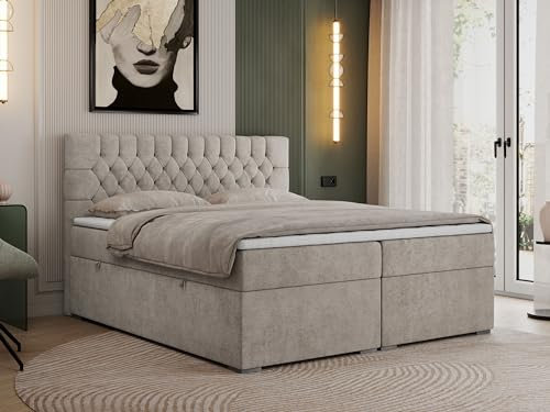 MKS MEBLE Boxspringbett 120x200 cm mit Bettkasten, Premium Multipocket Matratze H3 mit Topper T25, Doppelbett mit Kopfteil PERA - Beige Strukture