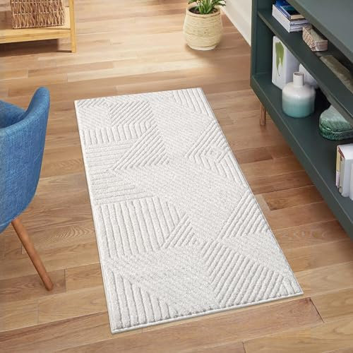 carpet city Kurzflor Teppich Creme - 80x150 cm - Wohnzimmer-Teppiche Hochtief-Muster, 3D-Effekt - Geometrisches Muster, Gestreift - Flachflor Bodenbelag, Deko Schlafzimmer
