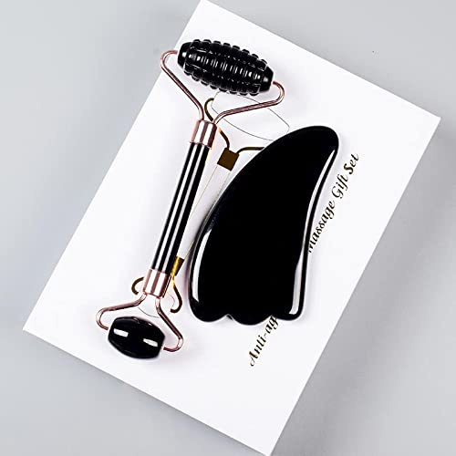 Haussammlung Schwarzer Obsidian-Werkzeug, Gesichtsroller, Gua-Sha-Werkzeug-Sets, Naturstein-Kristall-, Massage, 2-teiliges Set
