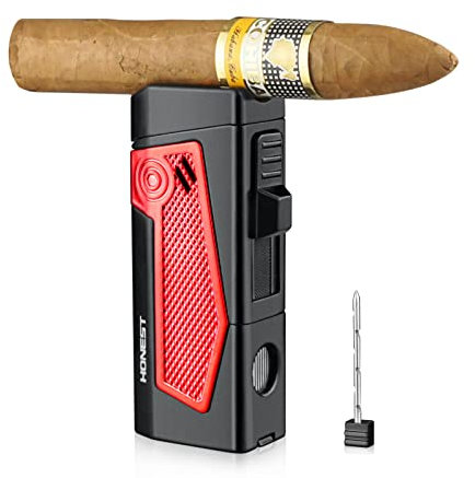 Cgaplus Sturmfeuerzeug 4 Jet Flame Feuerzeug Gas Butan Nachfüllbar mit Punch-Zigarrenfeuerzeug mit Zigarrenzug für Männer ohne Gas (Rot)