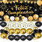 Pancarta Grande Feliz Cumpleaños Español + 30pcs Globos de Oro Negro Grey, Fiesta de Cumpleaños Decoración Banner / Pancartas Fotográfica /Tela de Fondo/ Fiesta de Aniversario Pancarta
