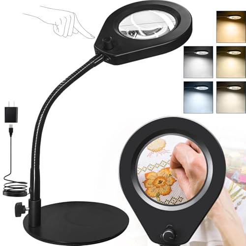 Beyamz LED-Lupenleuchte mit Ständer, LED-Tischleuchte mit Lupe, Lupenlicht - 105 mm 5-fache Lupe, 5-farbig dimmbare Ringlichter, zum Basteln, Lesen und als Schreibtischbeleuchtung (Schwarz)