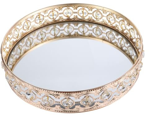 TINEASUR Golden 23cm Jewelry Storage Plate and Cosmetics Tray, European Style Hollow Crystal Glass Mirror Organizer for Home Decor and Vanity Display