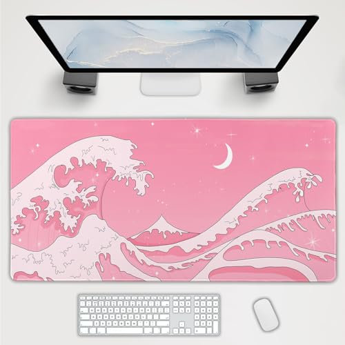 Pink Japanese Anime Gaming Mouse Pad XL Cute Kawaii Aesthetic Wave Extended Big Large Desk Mat Non-Slip Rubber Base Stitched Edge Long Keyboard Mousepad for PC Computer Laptop,47.2x23.6 in,120x60cm