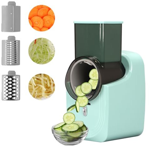 3 en 1 Rapeuse Legume Electrique, Decoupe Legumes Electrique avec 3 Lames, Facile à Nettoyer, 50W Coupe Legumes Multifonctions pour Fromage, Carottes, Pommes de Terre, Concombres