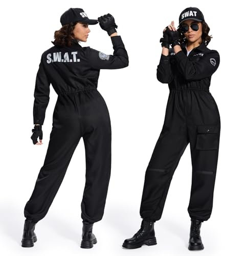 Ulikey SWAT Kostüm Damen, SWAT Jumpsuit Damen Polizei Kostüm Set Karneval Security Overall Erwachsene mit Baseballkappe, Sonnenbrille und Handschuhe für Karneval Halloween (L)