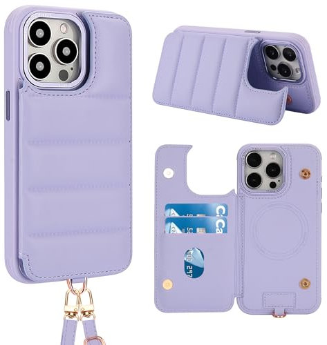 LEINOTWANCH Crossbody Klapphülle für iPhone 16 Pro Max(6,9 Zoll) mit Kartenfach,RFID-Sperrung Brieftasche Handyhülle,PU-Leder Klappbar Schutzhülle mit Ständer,Umhängeband+Schlüsselband,Lila