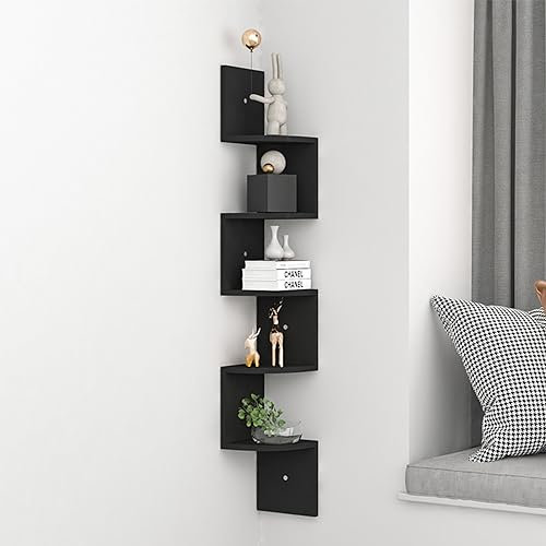 Corner Shelf Wall Shelves Black, 5-Tiers Modern Zigzag Shape Bookshelf Wall Shelf, 122cm Tall Wooden Shelving Unit Bookcase Storage Display Rack for Bedroom Living Room