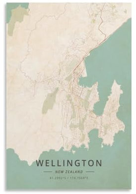 LZTEN Wellington Neuseeland-Karten-Poster, Vintage-Druck, Leinwand-Poster, Wandkunst, Schlafzimmer, Dekoration, Büro, Küche, Dekoration, Geschenk, ungerahmt, 50 x 75 cm