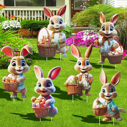 Jognee 6 Stück Osterhasen Gartenstecker, Ostern Hof Schild Dekora, Ostern Dekor Hof Zeichen für Frühling Ostern Partei im Freien Kinder Familie Wetterfest Hof Rasen Garten Dekor