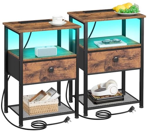AMHANCIBLE Bedside Table Set of 2 with Charging Station, Small Side Table with LED Lights, Nightstand with Fabric Drawer and Open Storage Shelf, Bedside Cabinets for Living Room, Bedroom Rustic Brown