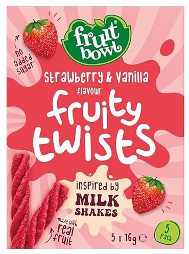 Fruit Bowl Strawberry & Vanilla Fruity Twists, Milkshake Flavoured Snack, 5 x 16g, No Added Sugar