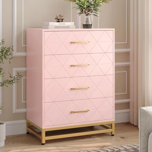 Garvee Commode à 4 Tiroirs pour Chambre, Commodes Modernes avec Tiroirs Larges et Poignées Métalliques, Commodes en Bois 61x40x93 cm (Rose)