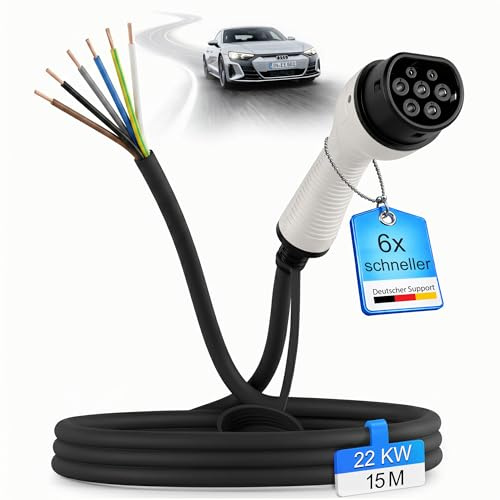 EVify Typ 2 Ladekabel 22kW 15M offenes Ende für Elektroauto & Hybrid • Ersatzkabel 3 phasig 32A für EV PHEV • geeignet für alle E Autos Modell 3 S X Y, ID3, ID4, ID5