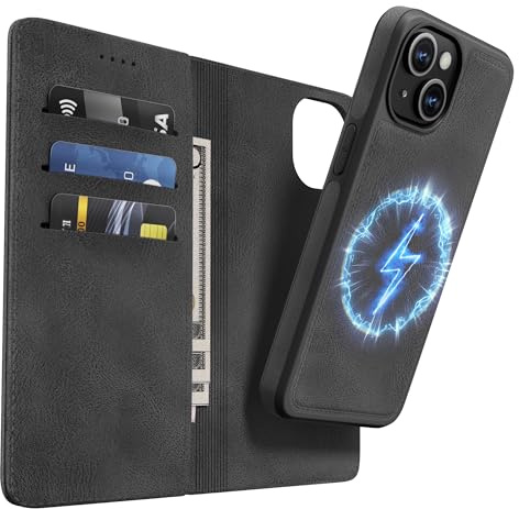 OASISBLUE Handyhülle für iPhone 14 Hülle, [2-in-1 Magnetisch Abnehmbar] Kabelloses Laden Kompatibel Stoßfest Schutzhülle PU Leder Klapphülle - schwarz