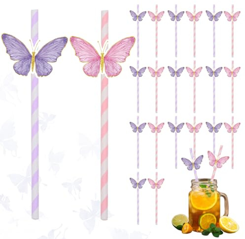 Ovanda 20 Stück Strohhalme Papier, Lila Rosa Schmetterling Streifen | Geburtstag Mädchen Einweg Papierstrohhalme, Cocktail Strohhalmes für Mädchen Geburtstag Party, Hochzeiten und Anlässe