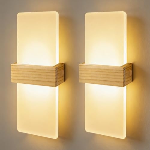 JaneYi 2 Stück Wandlampe Innen 12W Warmweiß 3000K aus Acryl mit Holzgehäuse